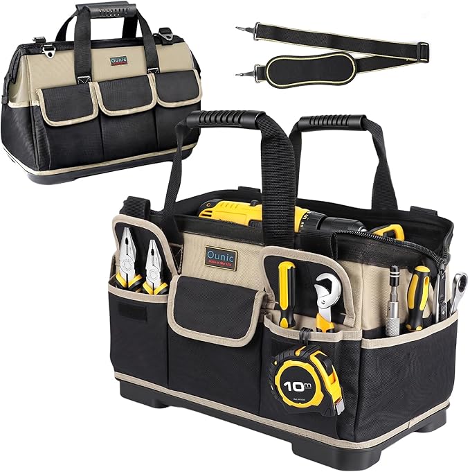 Tool Bag, Ounic 18 Inch Large Tool Tote Bag Heavy Duty With Waterproof Molded Base, Wide Mouth Tool Box Organizer with Adjustable Shoulder Strap for Electrician Mechanic Craftsman Plumbers(Coffee)