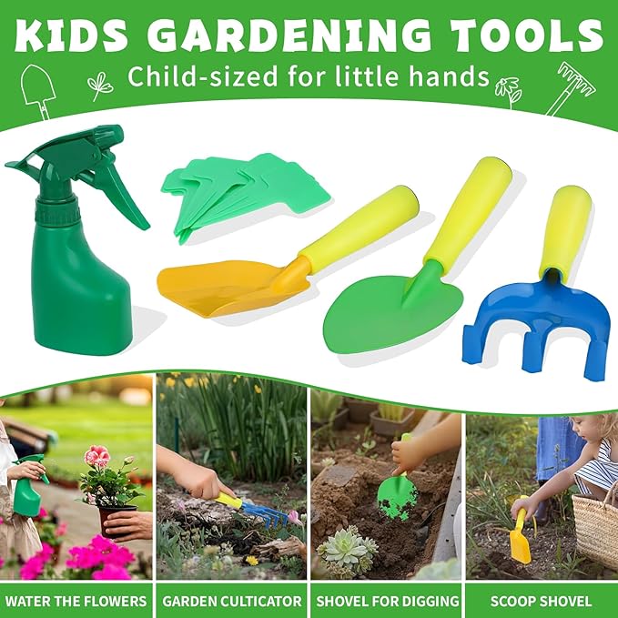 Magic4U 11-Piece Kids Gardening Set with Wheelbarrow, Shovel, Rake, Hoe, Gloves & Apron - Heavy-Duty Steel Tools & Interchangeable Handles, Outdoor Yard Toys for Boys Girls Ages 3-8