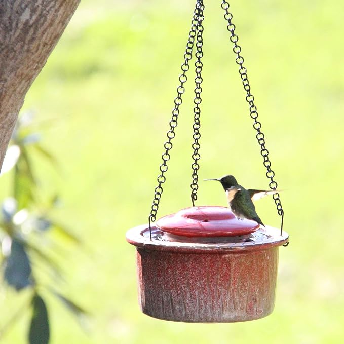 Byer of Maine Alcyon Hummingbird Feeder, Outdoor Hanging Feeder Water Moat for Ants, Dishwasher Safe, Red Ceramic Glaze, 6.5 oz.