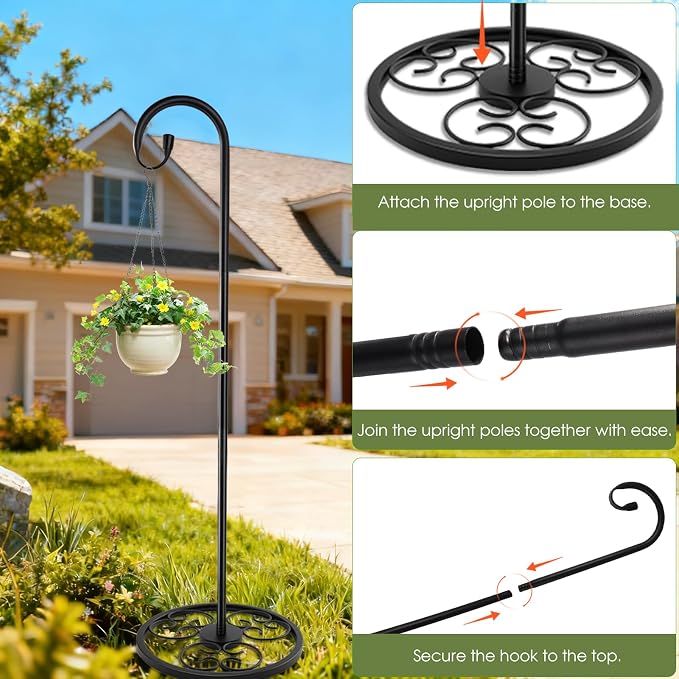 63" Adjustable Shepherd Hook Stand with Round Base Stand for Wind Chime, Bird Feeder, Lantern for Indoor & Outdoor Garden Patio Home Decor. (Single Shepherd's Hook, 63, Inches)