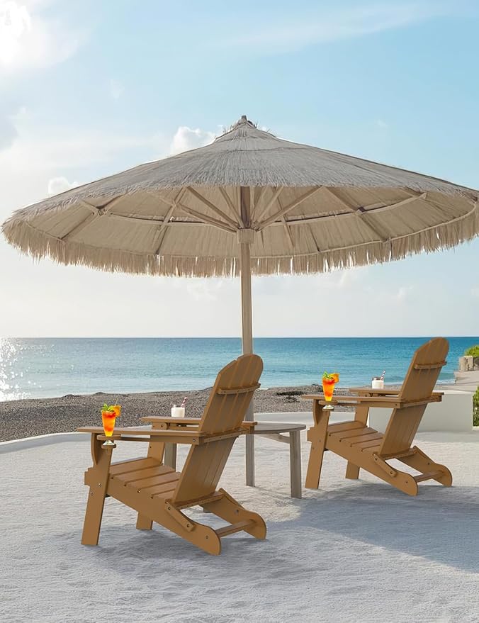 Folding Adirondack Chair Set of 4, Wooden Textured Plastic Adirondack Chairs with 2 Cup Holder, Weather Resistant HDPE Fire Pit Chair, Outdoor Patio Chairs for Garden, Backyard, Lawn, Deck, Teak