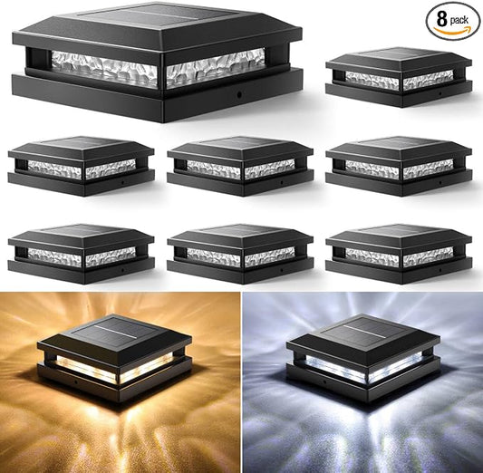 Bosceos 8-Pack Solar Post Lights, 2-Colors Mode 16LEDs Outdoor Decorative Post Cap Lights, Waterproof Solar-Powered Fence Posts Light, Fit 4x4, 5x5 Vinyl/Wooden Posts in Garden Yard Porch Deck, Black