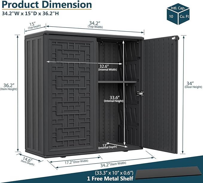 HOMSPARK Indoor/Outdoor Storage Cabinet with Doors and Shelf, 34”x15”x36” HDPE Plastic Storage Box Waterproof for Patio, Garden, Balcony, Multi-Purpose for Daily Tools, Black