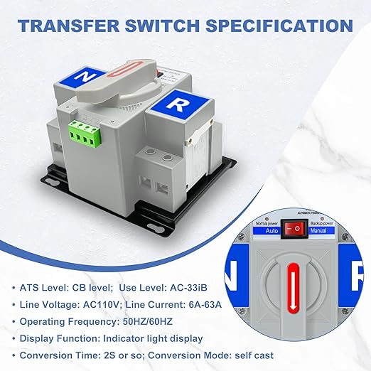 110V Dual Power Automatic Transfer Switch, 2P 63A CE Certified ATS Generator Changeover Switch 50Hz/60Hz