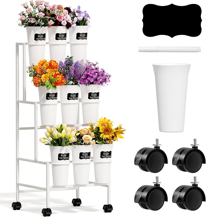 Flower Display Stand with 9 Buckets, 3 Tier Metal Flower Cart Display Stand with Wheels, Flower Bar Stand for Garden Flower Shop Indoor Outdoor Wedding Party Decor, White