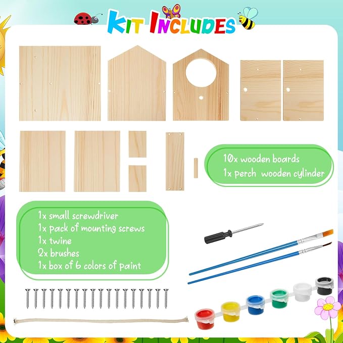 Liliful 8 Pack DIY Wooden Birdhouse Kit, Crafts for Kids and Adults, Bird House with Paint and Paintbrushes Painting Kits for Boys and Girls, Spring Birthday Classroom Gifts for Ages 4-8