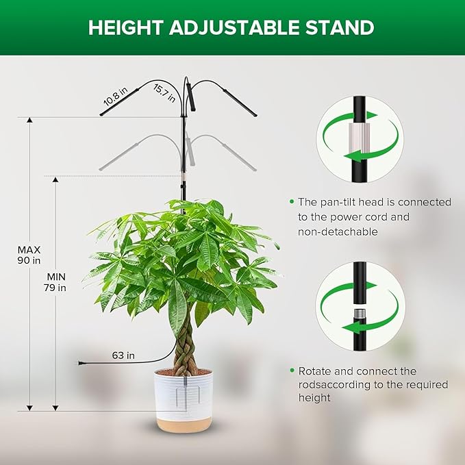 SANSI Grow Lights for Indoor Plants, 45W Plant Lights for Indoor Growing, High PPFD Full Spectrum, 4/8/12H Timer, 4-Level Dimmable, 79"-90" Height Adjustable for Large Tall Plants, Upgraded Stakes
