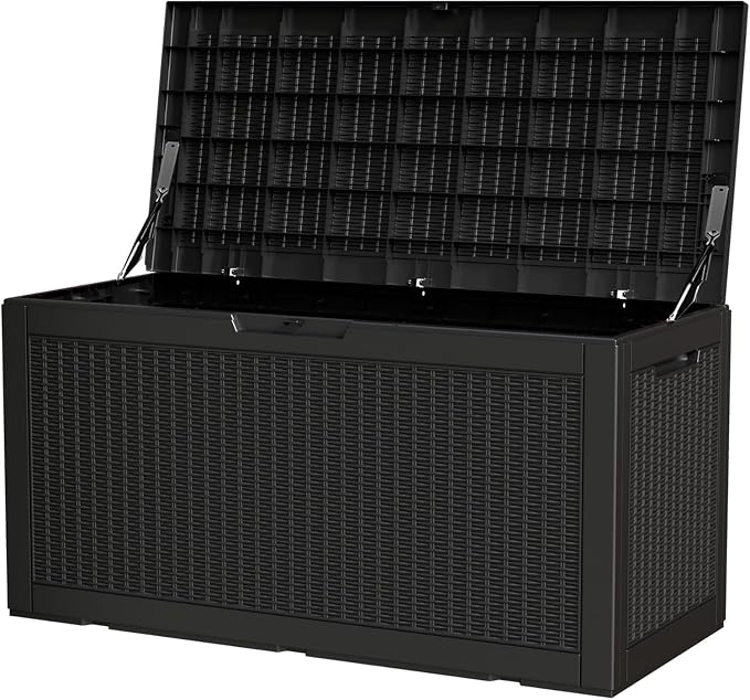 100 Gallon Storage Box, Waterproof Resin Deck Box with Hydraulic Piston Design, Lockable Storage Bench for Package Delivery, Storage Bin for Patio Cushions, Garden Tools, Black