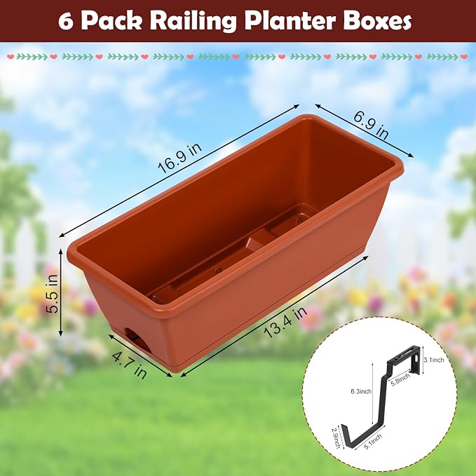 6 Pack Railing Planter Boxes Outdoor Window Boxes Planter with Drainage Holes, Plastic Garden Fence Planters with Metal Brackets for Deck, Balcony, Patio, Brick Red