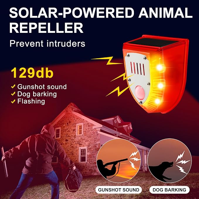 Qualirey 6 Pcs Solar Alarm Motion Detector with Sound Outdoor Motion Sensor 129db Barking Dog Strobe Light Gunshot Sound Alarm Detector Noise Maker Warning Lamp for Home Villa Yard Farm