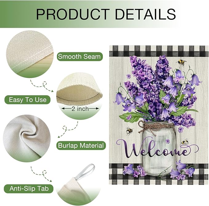 Hzppyz Welcome Spring Summer Floral Flower House Flag Double Sided, Hyacinth Canterbury Bells Decorative Garden Yard Outdoor Large Decor, Mason Jar Plaid Farmhouse Home Outside Decoration 28 x 40