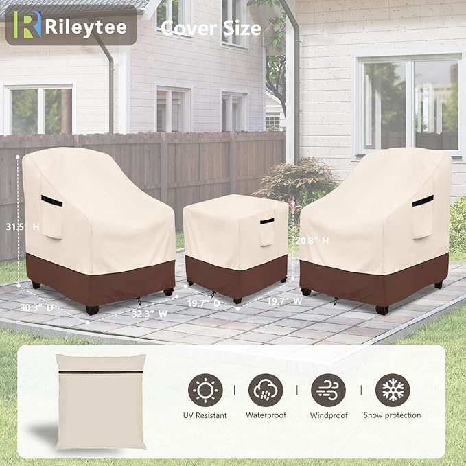Rileytee Outdoor Furniture Covers Waterproof,600D Heavy Duty Patio Furniture Covers 3 Piece Set,Patio Set Cover for 2 Chairs and Side Coffee Table(Beige,Large)