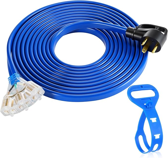 Tellegloww 15 FT Flat RV Generator Adapter Cord NEMA TT-30p to 3X 5-20R/5-15R, 30A to 110V 15/20 A Household Outlet Adapter, 10 Gauge Flat Rv Generator Extension Cord, Etl Listed, Blue