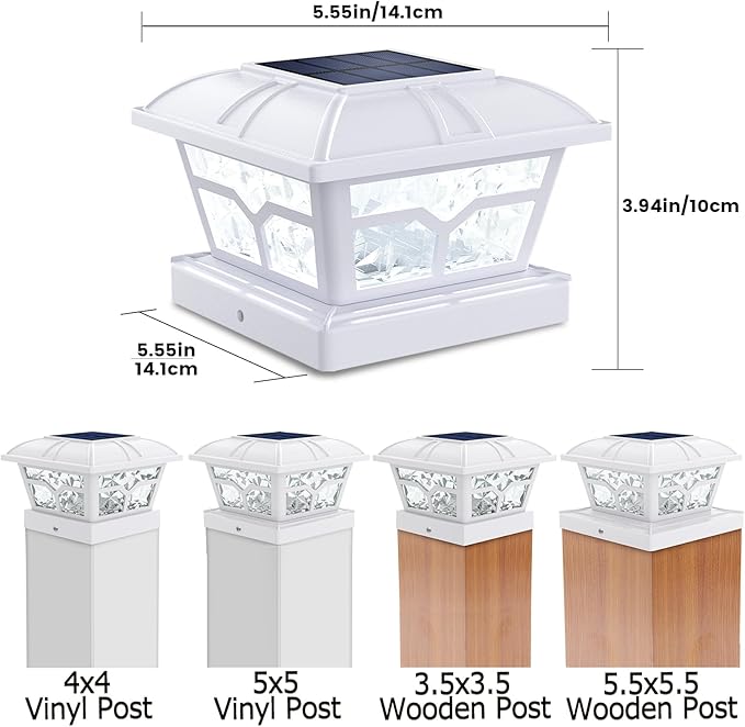 SIEDiNLAR Solar Post Cap Lights Outdoor 2 Color Modes 8 LEDs for 4x4 5x5 6x6 Posts Fence Deck Patio Decoration Warm White & Cool White Lighting White (2 Pack)