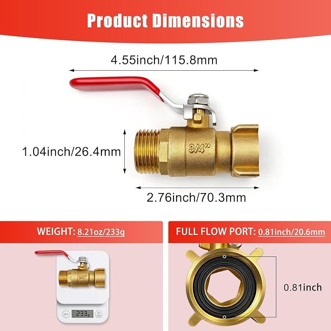 Heavy Duty 3/4" GHT Brass Garden Hose Shut Off Valve - Full-Flow Design, 304 Stainless Steel Handle, Corrosion Resistant for Outdoor Faucet, Sprinkler & Water Control