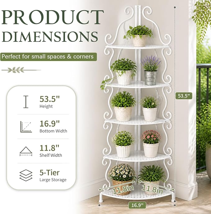 Gisafai 5 Tier Outdoor Corner Plant Stand, Corner Bakers Rack, No Assembly Required Metal Corners Shelf, for Patio Garden Balcony Indoor Outdoor Decor (White)