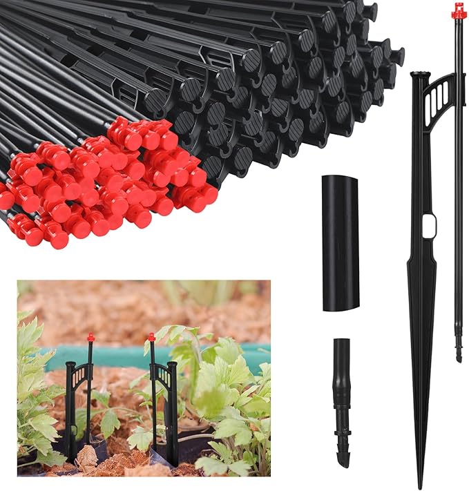 50 Pcs 12.8 Inch Drip Irrigation Stakes with 360 Degree Sprayer Emitters and Sprinkler Extension Riser for 1/4 Inch Drip Tubing Micro Sprinkler Heads Stakes for Garden Watering System, Red