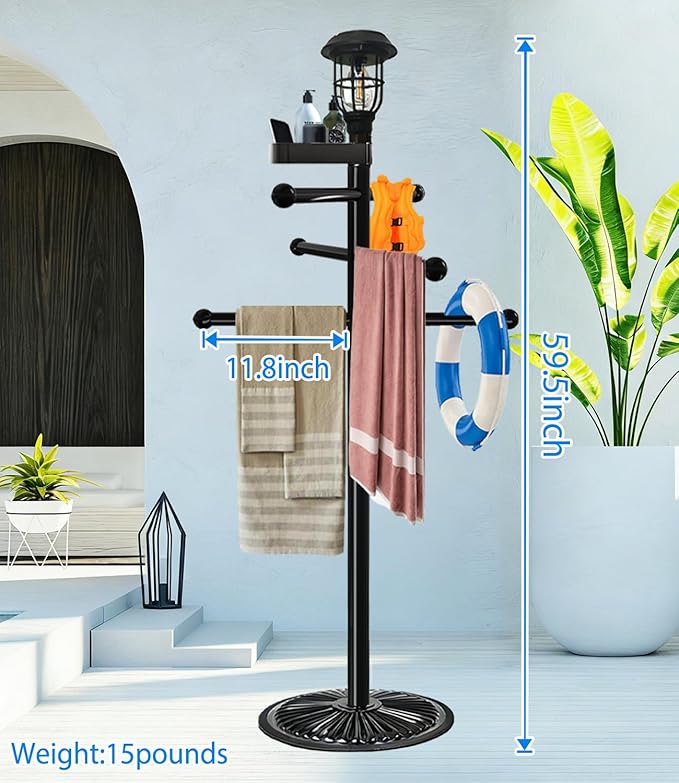 Pool Outdoor Towel Rack with Solar Light, 6 Bars with Top Tray Metal Heavy Duty Pool Accessories with Heavy Metal Base, Hot Tub Accessories for Pool and spa