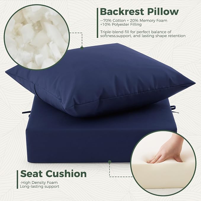 Outdoor Cushions for Patio Furniture, Outdoor Seat Cushion Set 24 x 24 x 5.75 in, Waterproof & Fade Resistant Outdoor Chair Cushions, Patio Cushion with Removable Cover, Set of 2, Navy Blue