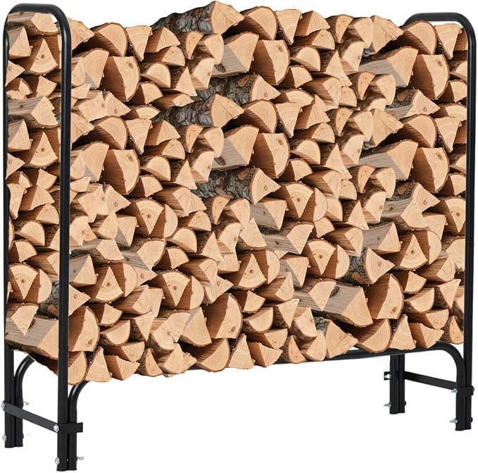 4ft Firewood Rack Holder, Heavy Duty Fire Log Stacker Stand for Fireplace, Outdoor Indoor Metal Wood Pile Storage Organizer, Patio Logs Stand tool, Black