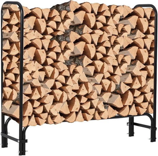 4ft Firewood Rack Holder, Heavy Duty Fire Log Stacker Stand for Fireplace, Outdoor Indoor Metal Wood Pile Storage Organizer, Patio Logs Stand tool, Black