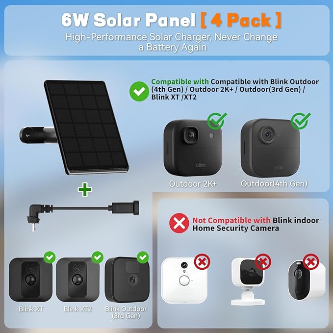4 Pack 6W Solar Panel for Blink Camera, High-Efficiency Monocrystalline Silicon Solar Panels Compatible with Blink Outdoor 2K+, 4(4th Gen)/(3rd Gen)/XT3,XT2/XT,IP66 Wterproof,10Ft Outdoor Power Cable