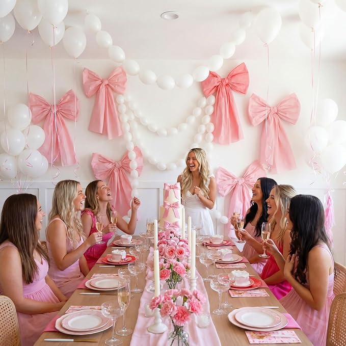 Pink Bow Birthday Decorations Set 4 DIY Giant Wall Large Pink Bows 100 Link Balloons Hanging Cute Items for Coquette Home Room Wedding Birthday Baby Shower Party Supplies