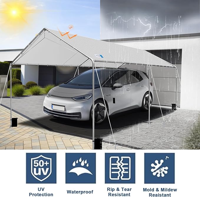 Carport Canopy 10'x20' Heavy Duty Carport, Waterproof & UV Protected Garage Top Tarp Shelter Cover with Reinforced Steel Cables, Outdoor Portable Garage for Car, Boat Tent, Light Grey