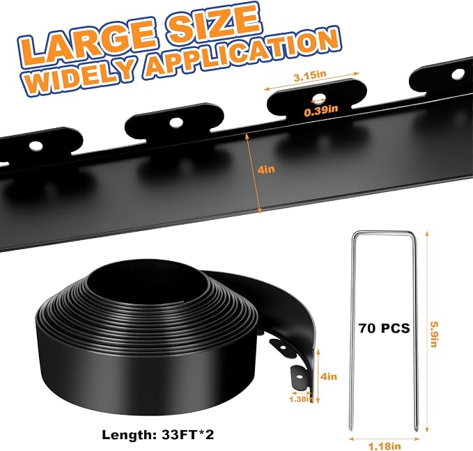 4 Inch x 66 FT (Multiple Sizes Available) Landscape Edging, Garden Edging Borders with 70pcs Upgrade Stakes, Flexible No Dig Plastic Garden Border for Lawn, Landscaping, Flower Beds, tree and Yard