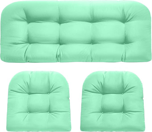 DANGHOOGY Wicker Chair Cushions, Waterproof Outdoor Loveseat Cushions for Patio Furniture, Tufted Wicker Furniture Cushions, 1 Loveseat and 2 U-Shaped Cushions, Cyan