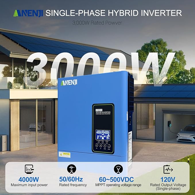 3000W Hybrid Inverter, 24Vdc to 110Vac Solar Inverter Charger Built-in 100A MPPT Controller, Pure Sine Wave PV Power Converter, Supports Battery-Less or AGM Lithium Battery