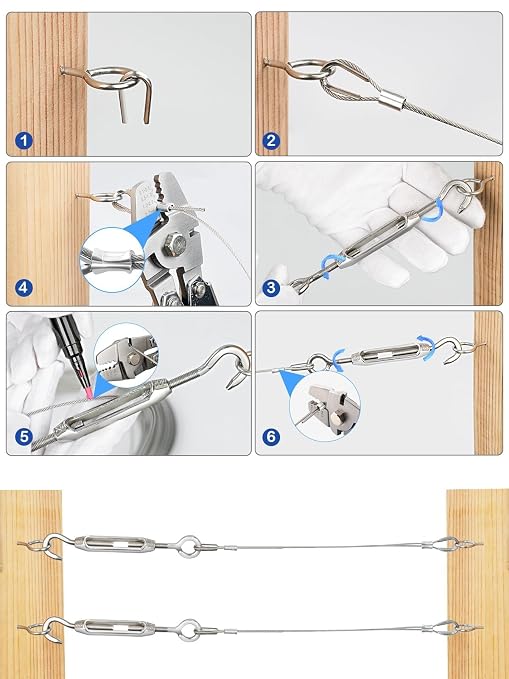 TooTaci M5 Turnbuckles for Cables Wire, 200ft 1/16 Stainless Steel Wire Rope with Tensioner Kit, 1/16 Vinyl Coated Steel Cable for Outdoor Lights Hanging, Climbing Plants, Trellis and Fences