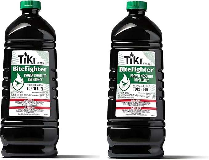 TIKI BiteFighter® Mosquito Repellent Torch Fuel 3/4 Gallon (100 oz.) 2-Pack, Citronella & Cedar Formula for Mosquito Repellency, Easy Pour Bottle, Use with Torches & Table Torches, Outdoor & Backyard