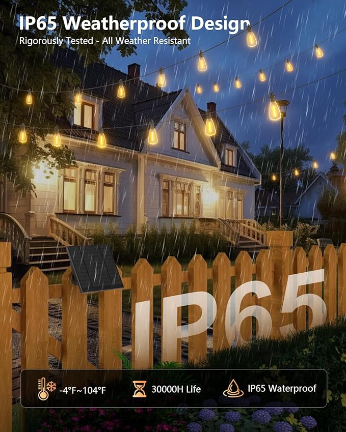 Brightown 37FT Solar String Lights Outdoor Waterproof with Remote, 10+1 LED Shatterproof Bulbs, Dimmable & Timable, 3 Light Modes - Commercial Grade Patio Lights for Garden Backyard Party Decor