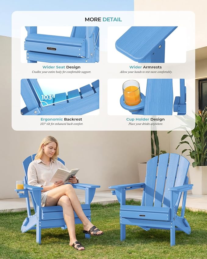 Ciokea Folding Adirondack Chairs Set of 2, Patio Adirondack Chair Weather Resistant, Plastic Fire Pit Chair with Cup Holder, Lawn Chair for Outdoor Porch Garden Backyard Deck, Baby Blue