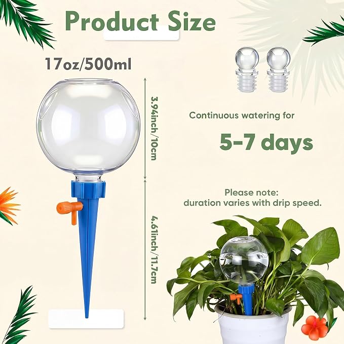 4 Pcs 17oz Plant Self Watering Globes for Indoor Outdoor Adjustable Plants Plastic Water Bulbs Top to Fill Plant Self Watering Planter Insert Water Devices System Spikes Stakes (Blue)