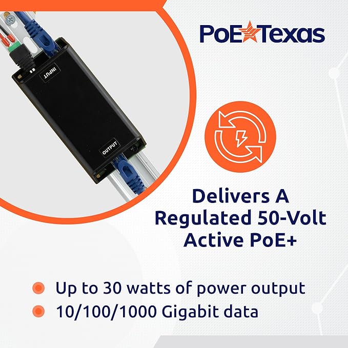 PoE Texas DC-Powered PoE+ (30 watt) Gigabit Inline Injector Converts 12-60V in to 50 Volt IEEE 802.3at PoE+ Out - Variable DC PoE Injector for Solar & Battery Powered Installations, WiFi & More