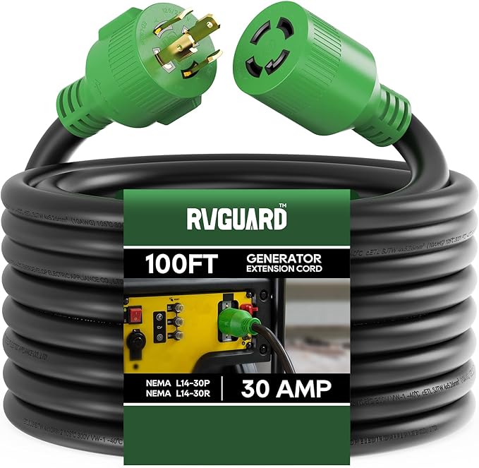 RVGUARD 4 Prong 30 Amp 100 Foot Generator Extension Cord, NEMA L14-30P/L14-30R, 125/250V Up to 7500W 10 Gauge SJTW Generator Cord with Cord Organizer, ETL Listed