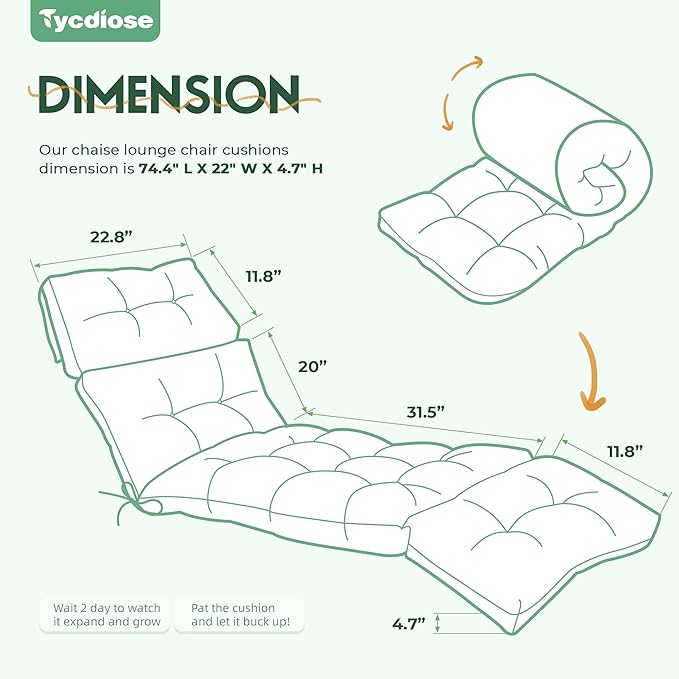 Outdoor Chaise Lounge Chair Cushion Waterproof 74.4 x 22 x 4.7 Inches Memory Foam Lounge Chair Cushions Replacement for Outdoor Furniture with Ties, Thickened Pool Lounge Chair Cushion, Cyan