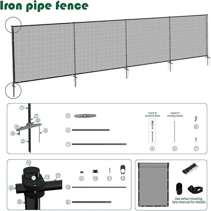 5'Hx4'W Outdoor Freestanding Privacy Screen Fence Panels with Iron Poles, Mesh Shade Net Cover Temporary Fencing for Patio Backyard Garden Deck, Light Gray