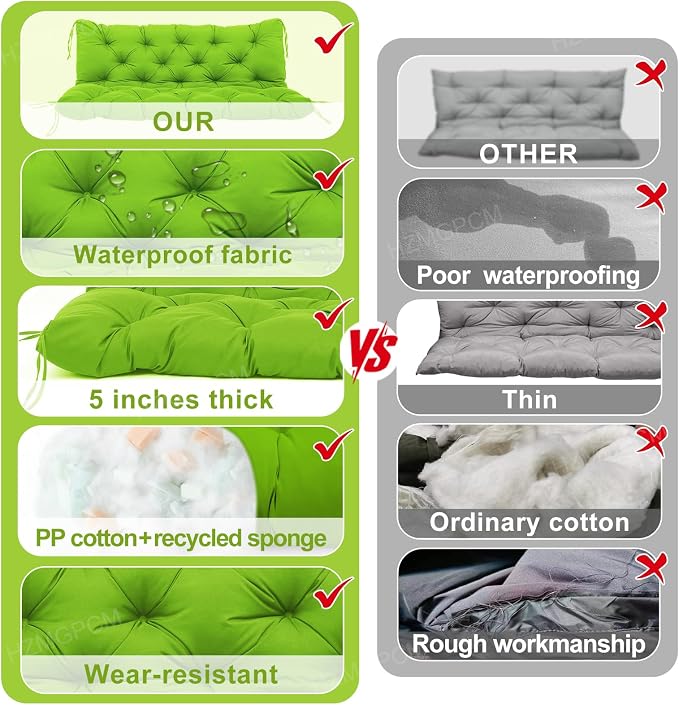 Premium 5" Thick Waterproof Outdoor Swing Cushions Sturdy Durable 2 Seat Replacement Porch Swing Cushions with Backrest&Ties Bench Cushion for Outdoor Furniture Backyard Patio (Green)
