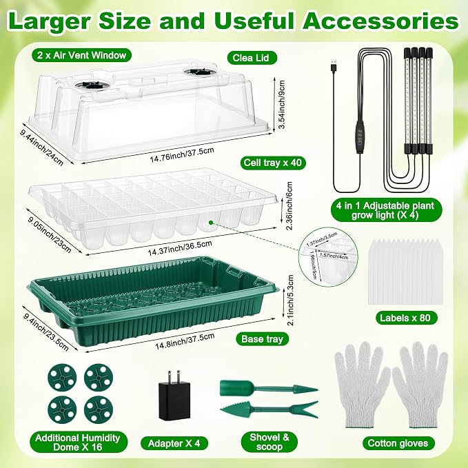 8 Pack Starter Tray with Light, 320 Cells Sprouting Kit Seedling Tray with Humidity Domes, Remote, Timer, Adjustable Light & Gloves, Starter for Indoor Greenhouse