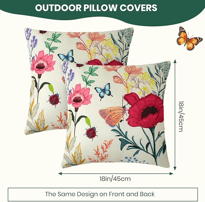 Premillow Outdoor Pillow Covers 18x18 Inch Set of 4, Spring Summer Flower Decor Throw Pillow Covers Outside Waterproof Pillow for Patio Furniture Bench Chair Couch Sofa