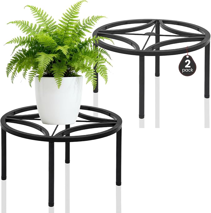 TOSKING 2-Pack Fully Assembled Heavy Duty Metal Plant Stand, Geometric Flower Pot Holder for Heavy Potted Plant, Rustproof Iron Plant Riser with Adjustable Feet, 220 LBS Capacity, No Installation Required, Black (13.4"Dia x 6.5"H)