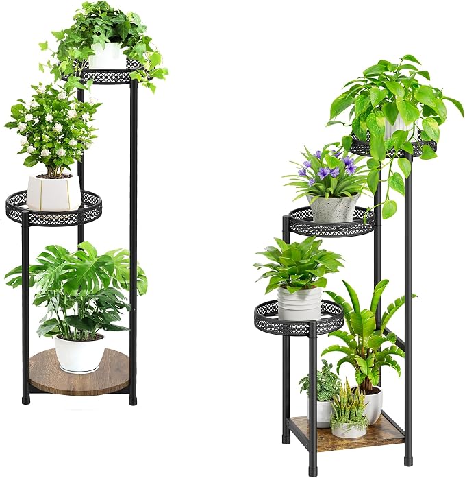 Oppro Plant Stand Set of 2, Tiered Metal Wood Corner Planter Stands Flower Shelf for Indoor Outdoor Plants