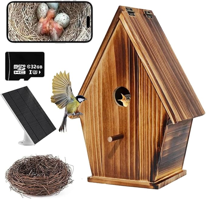 Solar Powered Smart Birdhouse with Camera, 1080P Bird Box with Night Vision for Outside, Auto Capture Bird Video, Motion Detection & 2.4G WiFi App for Bird Activity Monitoring