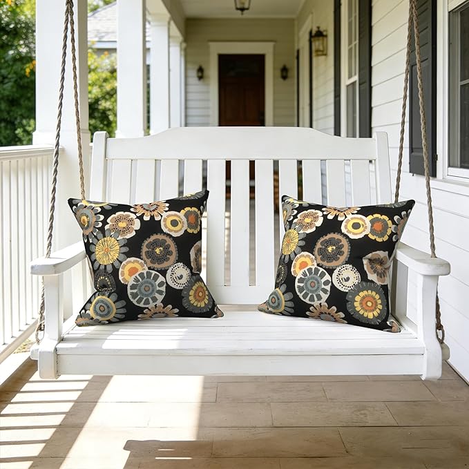 LVTXIII 2 Pack Outdoor Throw Pillow Covers for Patio Furniture, 16x16 Inch Square Pillow Case, Water-Repellent Cushion Covers for Garden, Porch, Sofa, Black Yellow Crosby