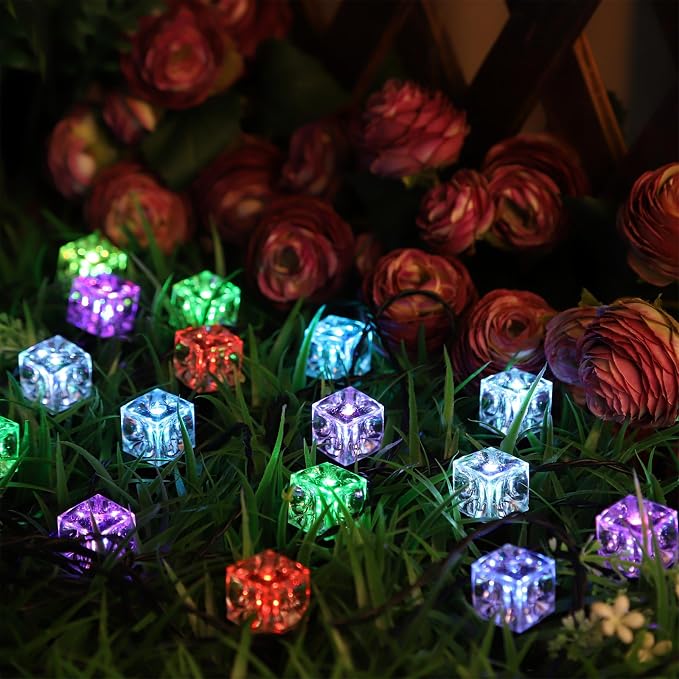 28FT Solar Ice Block String Lights, 20LED Outdoor Waterproof String Lights with 8 Lighting Modes, Garden Patio Wedding Camping Christmas Party Decorations （Colorful）