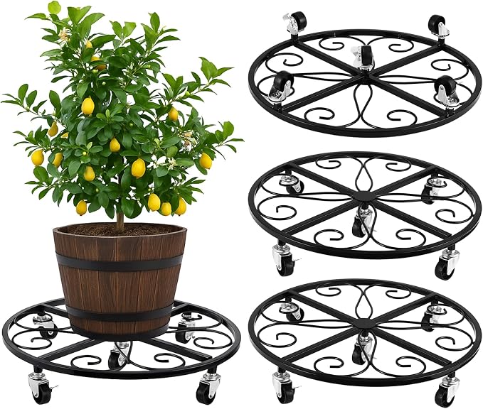 4 Pack Plant Caddy with Wheels 20 Inch Rolling Plant Stand for Large Plants Heavy Duty Plant Rollers Metal Plant Dolly Rustproof Planter Stand Wrought Iron Plant Stands Flower Cart Outdoor