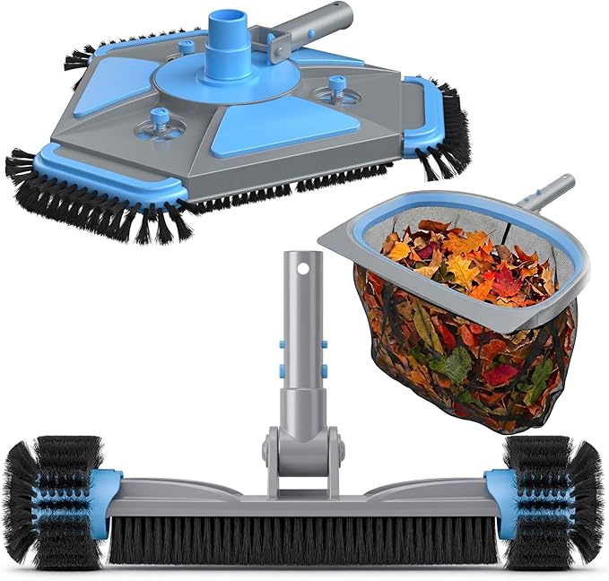 UIRWAY 3-in-1 Deluxe Swimming Pool Cleaning Kit - Includes Upgrade Heavy Duty Triangular Pool Vacuum Head, Detachable Brush, Deep Leaf Skimmer Net Inground & Above Ground Pools Cleaning(No Pole)